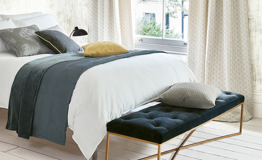 Bedroom with ROMO Nila bedthrow in Nordic color